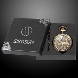 SIBOSUN Personalized Engraved Pocket Watch with Chain Deer Reindeer Woodland Men's Pocket Watch Smooth Back Vintage Skeleton Quartz White Lettering - Image 7