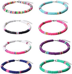 7-8 Pcs Boho Beads Multilayered Anklets Colorful Heishi Surfer Anklet Bracelets Handmade Bohemian Stackable Bead Anklets Stretch Multilayered Rainbow Foot Anklet Set Summer Beach Jewelry