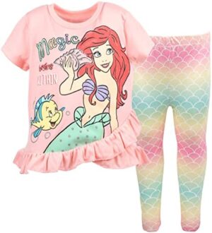 Disney Princess Frozen Moana Little Mermaid Floral Girls T-Shirt & Leggings Outfit Set Toddler to Big Kid Sizes (2T - 14-16)