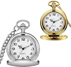 Set of 2 Classic Pocket Watch with Chain for Men and Women