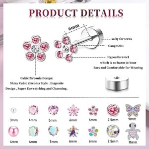 LOYALLOOK 14Pairs Hypoallergenic Screwback Earrings for Women Girls Tiny CZ Pearl Ball Heart Flower Screw Back Earring Studs 316L Stainless Steel Stud Earrings Flatback 20G Over 3 Years Old - Image 3