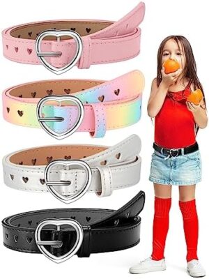 Newcotte 4 Pcs Girls Belt Size 6-12 Kids PU Leather Waist Belt Hollow Heart Design Metal Buckle for Girl Dress Pants Jeans