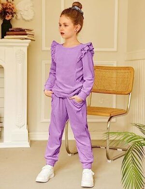 Arshiner Girls 2 Piece Outfits Velour Tracksuit Cute Clothes Sweatsuit Ruffle Pullover Sweatshirt Sweatpants Clothing Sets - Image 3