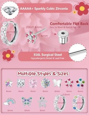 FIASASO Hypoallergenic Surgical Stainless Steel Earrings for Girls Kids Women - 12 Pair Screw Back Earrings for Sensitive Ears Cute Flower Butterfly Toddler Stud Hoop Earrings Screwback Girl Earrings - Image 6