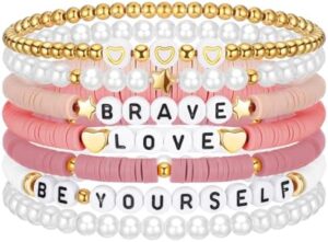 7 Pcs Friendship Bracelets Preppy Clay Bead Bracelets Heishi Surfer Valentine's Day Bracelets for Women Teen Girls(Pink)