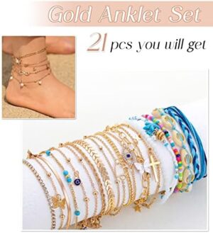 FANDY 21 Pcs Gold Ankle Bracelet for Women Gold Cuban Link Chain Anklet Cute Evil Eye Anklet Gift Set - Image 2