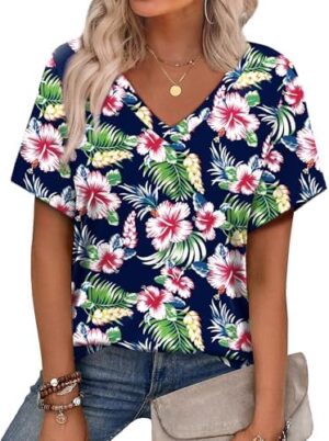 Alaroo Womens Summer Tops 2025 V Neck Short Sleeve Shirts Trendy Dressy Casual Vacation Outfits Printed