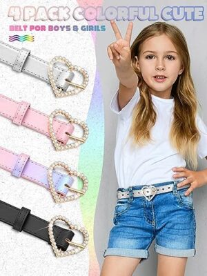 Newcotte 4 Pcs Girls Belt Kids Leather Waist Belt Rhinestone Heart Metal Buckle - Image 6