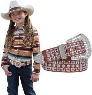 SUOSDEY Kids Rhinestone Belt for Girls Boys,Western Cowgirl Cowboy Studded Leather Belt for Child