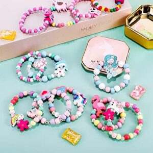 G.C 12 Pcs Girls Bracelets Jewelry for Kids Cute Unicorn Mermaid Animal Pendant Colorful Wooden Beaded Bracelets Princess Pretend Play Gifts for Toddlers - Image 4