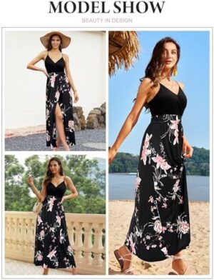 Newshows Women Summer 2025 Maxi Dress Vacation Floral Spaghetti Strap Spring Casual Boho Split Beach Long Flowy Sundress - Image 4