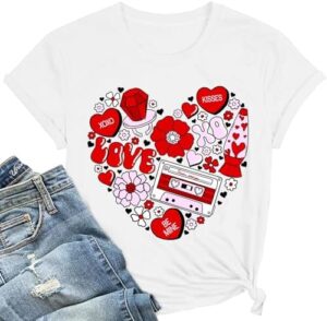 Valentine's Day Tshirt Women Cute Love Heart Tees Funny Cassette Tape Letter Print Splicing Short Sleeve Lover Tee Tops