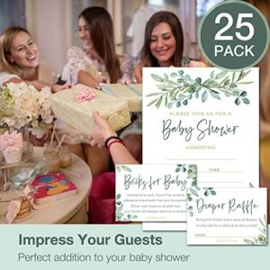 Set of 25 Baby Shower Invitations with Envelopes, Diaper Raffle Tickets and Baby Shower Book Request Cards - Eucalyptus - Image 6