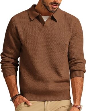 PJ PAUL JONES Men's Polo Shirts Long Sleeve Knit Polo Sweater Cable Knit Textured Sweater