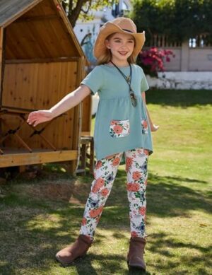 Arshiner Toddler Girls Outfits Floral Hi-Lo Tops+pants Sets Short SLeeve 2pcs Pants Sets with Pockets - Image 4