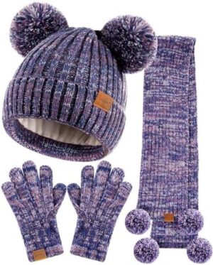 Kids Winter Hat Gloves Scarf Set, Girls Toddler Children Beanie with Pom Knit Neck Warmer Gaiter Mittens Fleece Lined Set