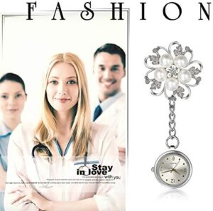 Lancardo Women's Nurse Watch Fashion Pearl Flower Pattern Pin-on Brooch Hanging Lapel Watch for Nurses Doctors Badge Stethoscope Quartz Fob Watch with Arabic Number Markers - Image 4