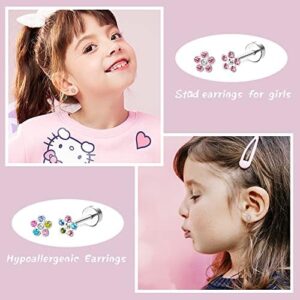 LOYALLOOK 14Pairs Hypoallergenic Screwback Earrings for Women Girls Tiny CZ Pearl Ball Heart Flower Screw Back Earring Studs 316L Stainless Steel Stud Earrings Flatback 20G Over 3 Years Old - Image 2