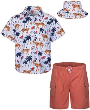 Boys Hawaiian Shirt and Short Set Summer Outfit Kids 2 Piece Clothes Set with Bucket Hat