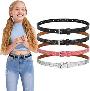 WERFORU Kids PU Leather Skinny Belt for Girls Boys Teen Child Thin Shiny Glitter Waist Belt for Jeans Dress