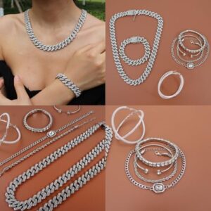 Hip Hop Cuban chain full Diamond necklace Rhinestone bracelet bracelet Gold and Silver women's Jewelry Women's earrings bracelet sets - Image 3