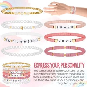 7 Pcs Friendship Bracelets Preppy Clay Bead Bracelets Heishi Surfer Valentine's Day Bracelets for Women Teen Girls(Pink) - Image 2