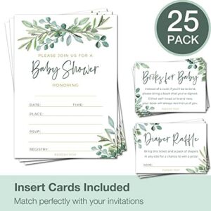 Set of 25 Baby Shower Invitations with Envelopes, Diaper Raffle Tickets and Baby Shower Book Request Cards - Eucalyptus - Image 2