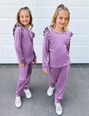 Arshiner Girls 2 Piece Outfits Velour Tracksuit Cute Clothes Sweatsuit Ruffle Pullover Sweatshirt Sweatpants Clothing Sets - Image 5