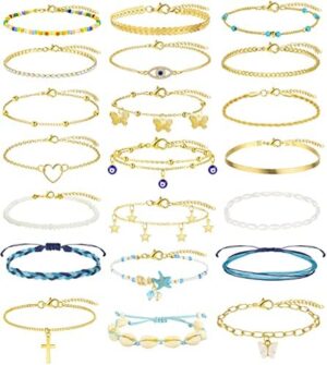 FANDY 21 Pcs Gold Ankle Bracelet for Women Gold Cuban Link Chain Anklet Cute Evil Eye Anklet Gift Set