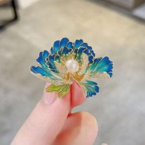 Classical Enamel Blue Peony Flower Brooch, Natural Freshwater Pearl, Exquisite high-end Chinese Style Cheongsam Hanfu Accessory pin - Image 2