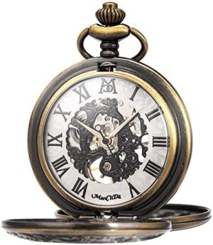 ManChDa Mechanical Roman Numerals Dial Skeleton Pocket Watches with Box and Chains for Mens Women