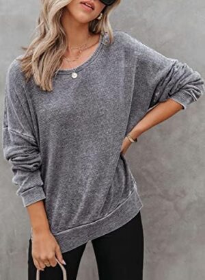 Dokotoo Womens Oversized Waffle Knit Crewneck Sweatshirts Long Sleeve Side Slits Casual Pullover Sweatshirt Tops - Image 4