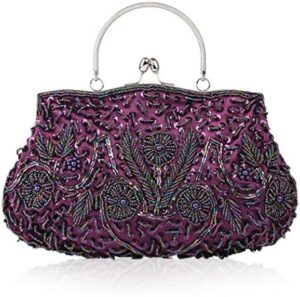 Women Vintage Beaded Evening Clutch Vintage Design Sequin Floral Top-handle Handbag Party Wedding Purse Wallet (Purple)