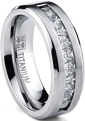 Metal Masters Titanium Men's Wedding Band Engagement Ring with 9 Large Princess Cut Cubic Zirconia