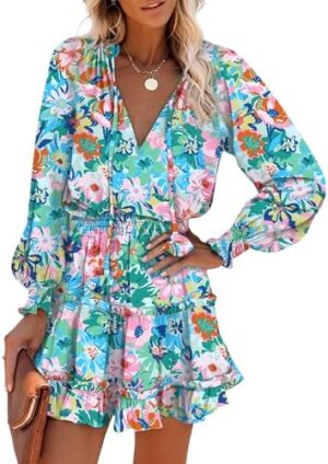 Dokotoo Spring Dresses for 2025 Boho Floral Drawstring V Neck Smocked Long Sleeve Ruffle Tiered Chiffon Mini Short Dress