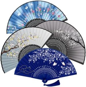 WEARXI Handheld Fan, 4 PCS Hand Fan, Chinese Folding Fan for Women Foldable, Silk Bamboo Hand Held Fan, Paper Hand Fan