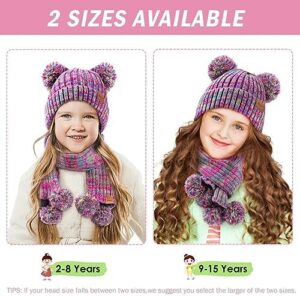 Kids Winter Hat Gloves Scarf Set, Girls Toddler Children Beanie with Pom Knit Neck Warmer Gaiter Mittens Fleece Lined Set - Image 2