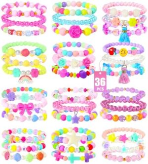 PinkSheep Bracelets for Girls Jewelry: 36 Pcs Bluk Little Girl Bracelets, Cute Kids Bracelets for Girls 2 3 4 5 6 7 Years Old - Princess Bracelets for Teen Girls - Play Jewelry Gift