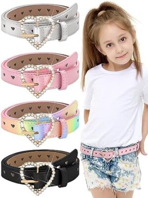 Newcotte 4 Pcs Girls Belt Kids Leather Waist Belt Rhinestone Heart Metal Buckle