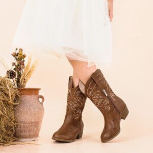 Girls Brown Western Cowboy Boots, Mid Calf, Pointed Toe, Leather, Slip On, Toddler to Big Kids, All Seasons - Image 8