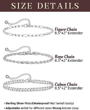 Sterling Silver Ankle Bracelets for Women Strong Lobster Clasp - Cuban Link, Figaro, Rope, Flat Mariner, Snake Herringbone, Satellite, Paperclip - Summer Beach Waterproof Silver Anklet - Image 2