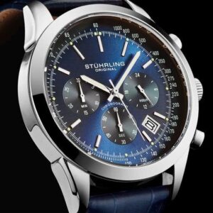 Stuhrling Original Mens Watches Chronograph Analog Blue Watch Dial with Date - Tachymeter 24-Hour Subdial Mens Blue Leather Strap - Watches for Men Rialto Collection - Image 2