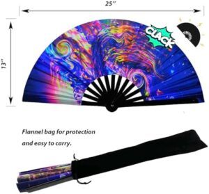 2 PCS UV Glow Large Rave Folding Hand Fan for Men Women, Decorative Folding Hand Fan for Party, Festival Essential, EDM Rave Accessories - Waves 13'' + Rainbow 13'' - Image 4