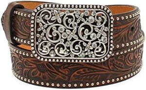 ARIAT Girls' Belt, Floral Embossing with Nailhead Edging, Square Floral & Crystal Buckle