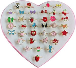 monochef 36pcs Little Girl Jewel Rings in Box Adjustable No Duplication Children Girls Kids Pretend Play Costume Princess Dress Up Jewelry Rings Party Favors Toys Gifts for Girls - Image 5