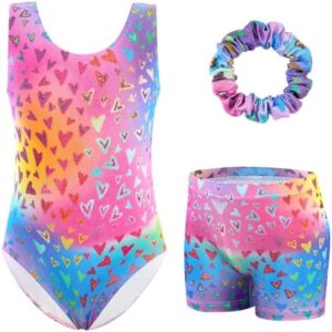 XiaoMoSha Gymnastics Leotards for Girls with Shorts and Hair Tie Sparkly Ballet Dance Set Biketards Outfit for Kid 3-12 Years