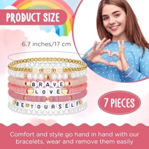 7 Pcs Friendship Bracelets Preppy Clay Bead Bracelets Heishi Surfer Valentine's Day Bracelets for Women Teen Girls(Pink) - Image 3