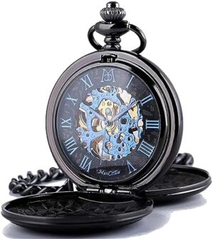 ManChDa Mechanical Roman Numerals Dial Skeleton Pocket Watches with Box and Chains for Mens Women