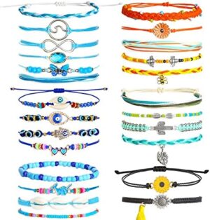 PAXCOO Set of 25 Surfer Wave Bracelets Ocean Wave Adjustable Waterproof Handmade Bracelet Summer Sunflower Bracelets Anklets Jewelry for Women