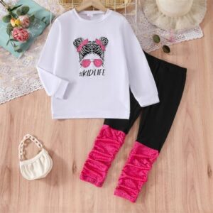 Kids Toddler Girls Clothes Figure Graphic Drop Shoulder Top Pullover Spotted Print Pants Fall Winter Outfit Set - Image 2